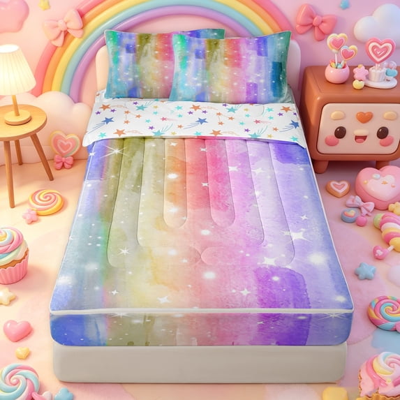Manfei Ink Rainbow Zipper Twin Comforter Sets with Fitted Sheet and 2 Pillowcases, Sparkle Star Print Zipper Bedding Set, Blue Violet, Stars Reversible, 4pcs