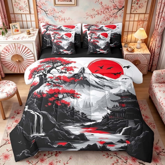 Manfei Ink Red Maple Fuji Bedding Comforter Set for Girls Women, Temple Waterfall Queen Bedding Sets, Black Red Gray, Black Reversible7 Pieces