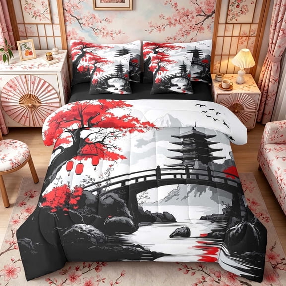 Manfei Ink Red Maple Fuji Twin Bedding Sets for Girls, Zen Bridge Bedding Comforter Set, Black Red White, Black Reversible 7pcs