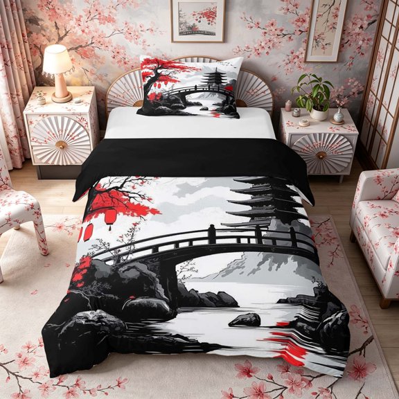 Manfei Ink Red Maple Fuji Twin Bedding for Girls, Zen Bridge Duvet Cover Set, Black Red White, Black Reversible 2pcs, 1 Duvet Cover and 1 Pillowcase