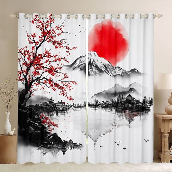 Manfei Ink Red Plum Fuji Black Out Curtains for Teens, Lake House Curtains Pack of 2 (42x63 Each), Red Black White