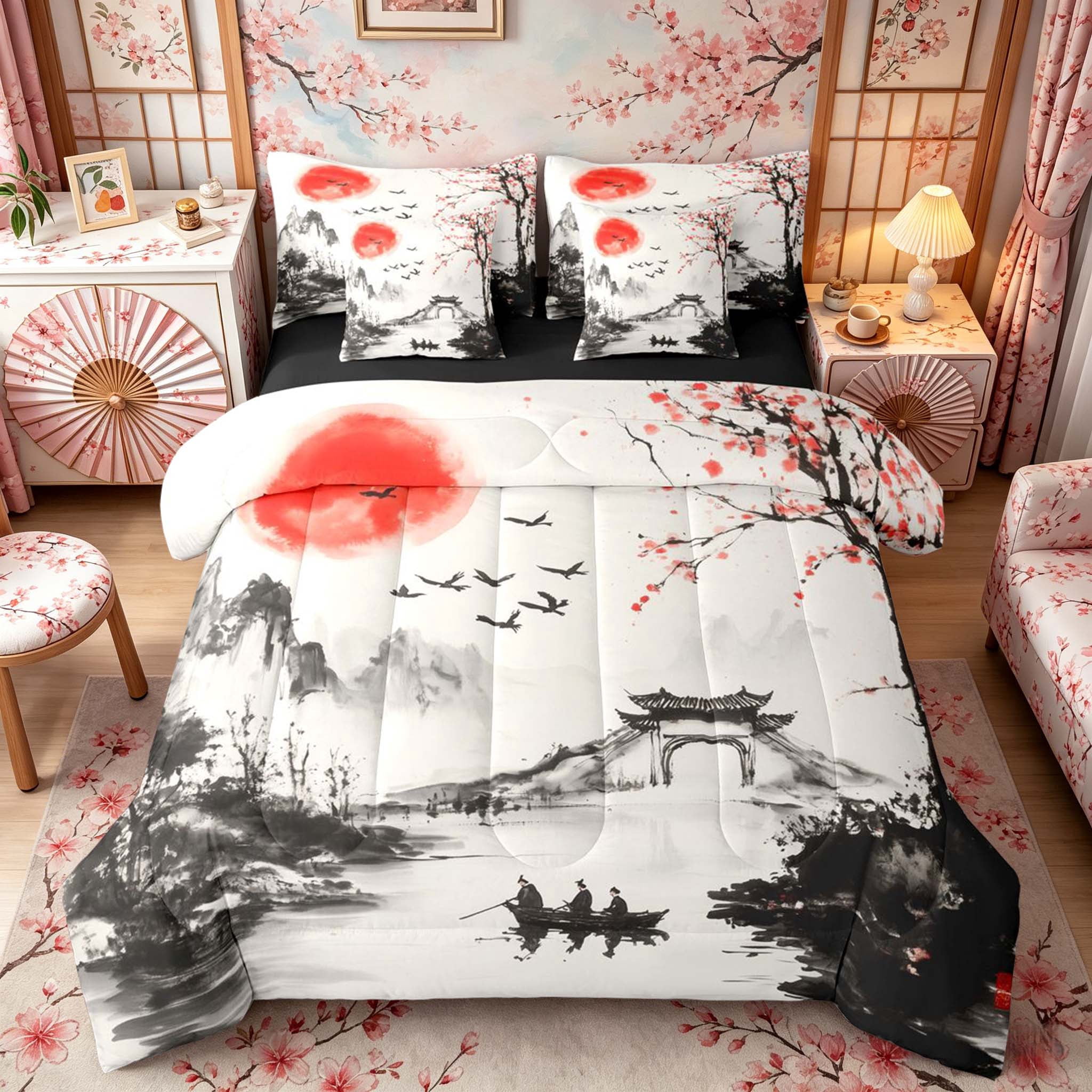 Manfei Ink Red Sun Boat Bedding Comforter Set for Girls Women, Plum Tree Queen Bedding Sets, Black Red White, Black Reversible7 Pieces
