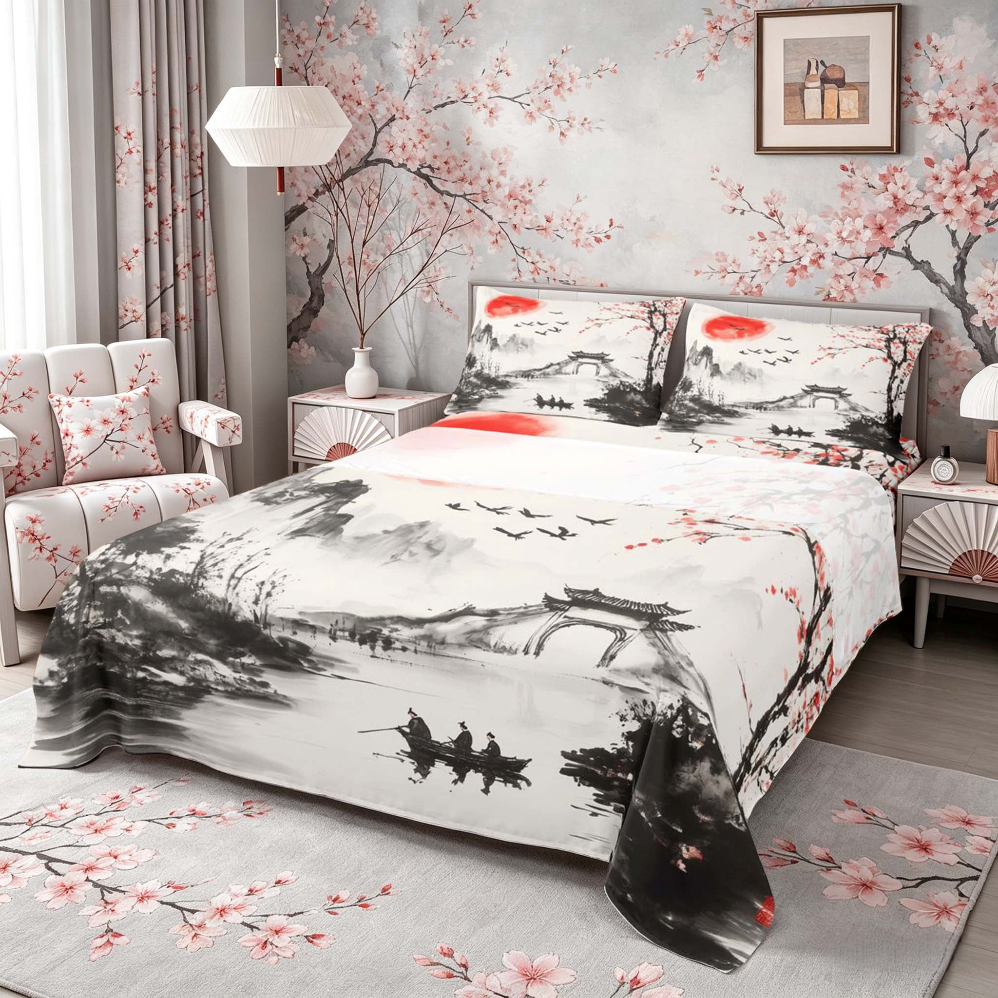 Manfei Ink Red Sun Boat Queen Sheet Sets for Girls Women, Plum Tree Bed Set, Black Red White 4 Pieces, 1 Flat Sheet, 1 Fitted Sheet and 2 Pillowcases