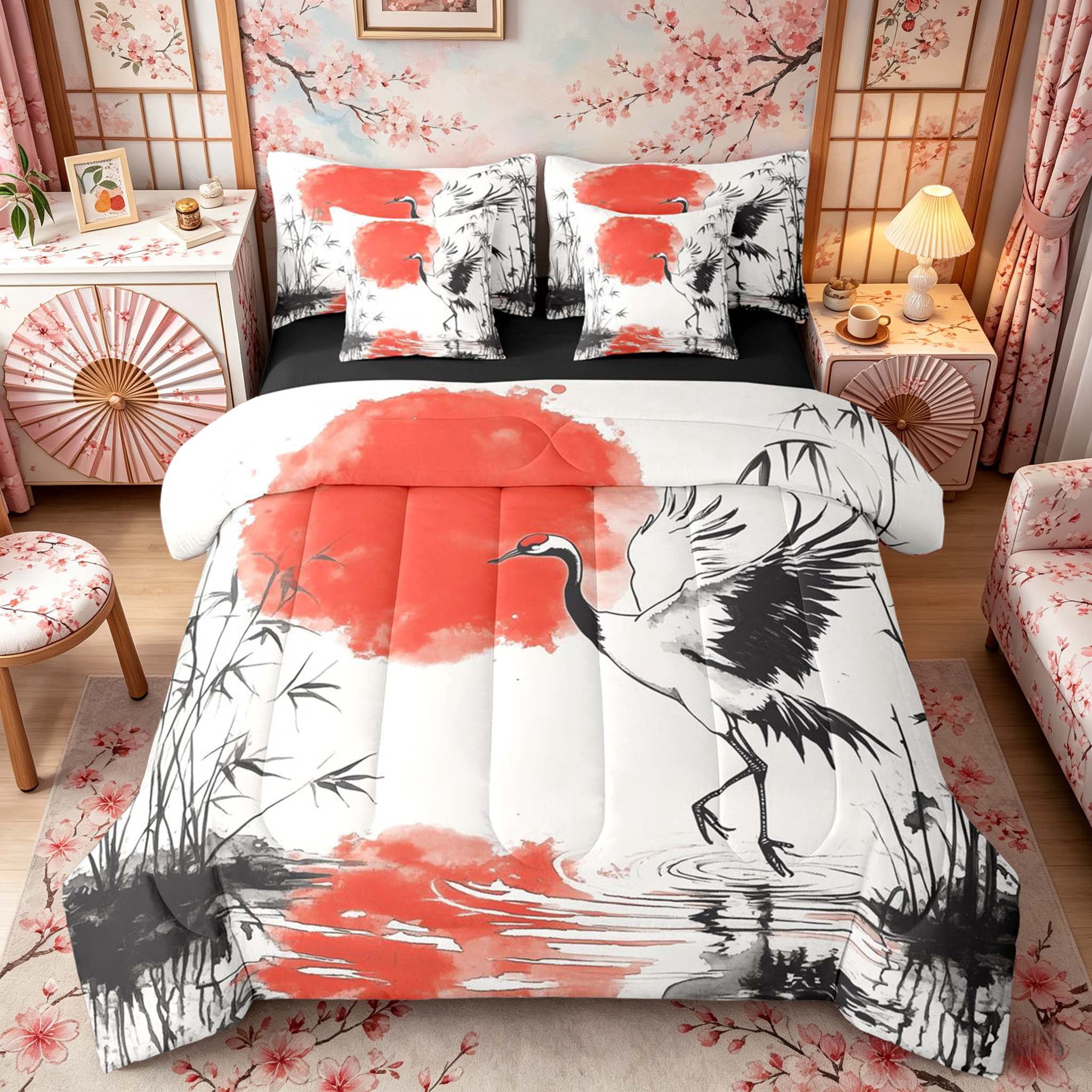 Manfei Ink Red Sun Crane Bedding Comforter Set for Teens, Reed Pond Queen Bedding Sets, Black Red White, Black Reversible 7pcs
