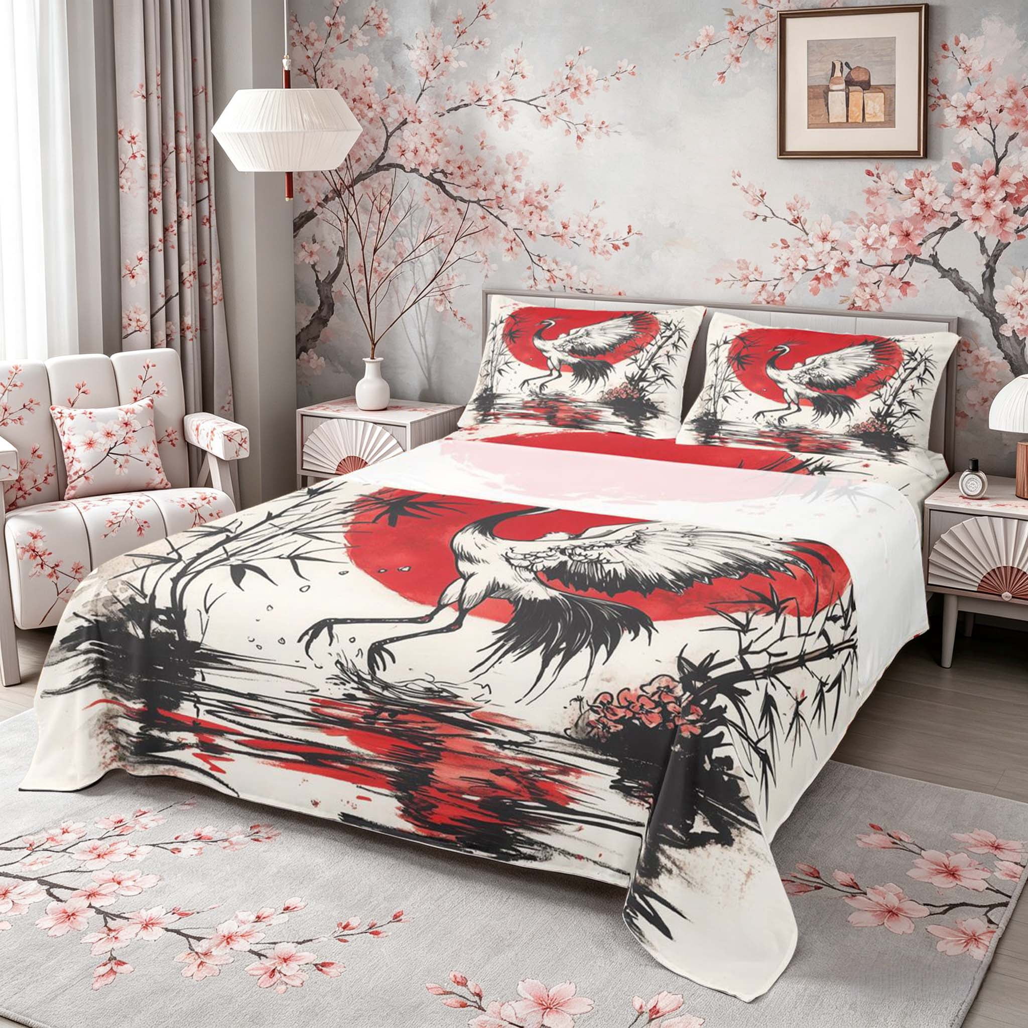 Manfei Ink Red Sun Crane Queen Sheet Sets for Girls, Bamboo Water Bed Set, Black Red White 4-Piece, 1 Flat Sheet, 1 Fitted Sheet and 2 Pillowcases