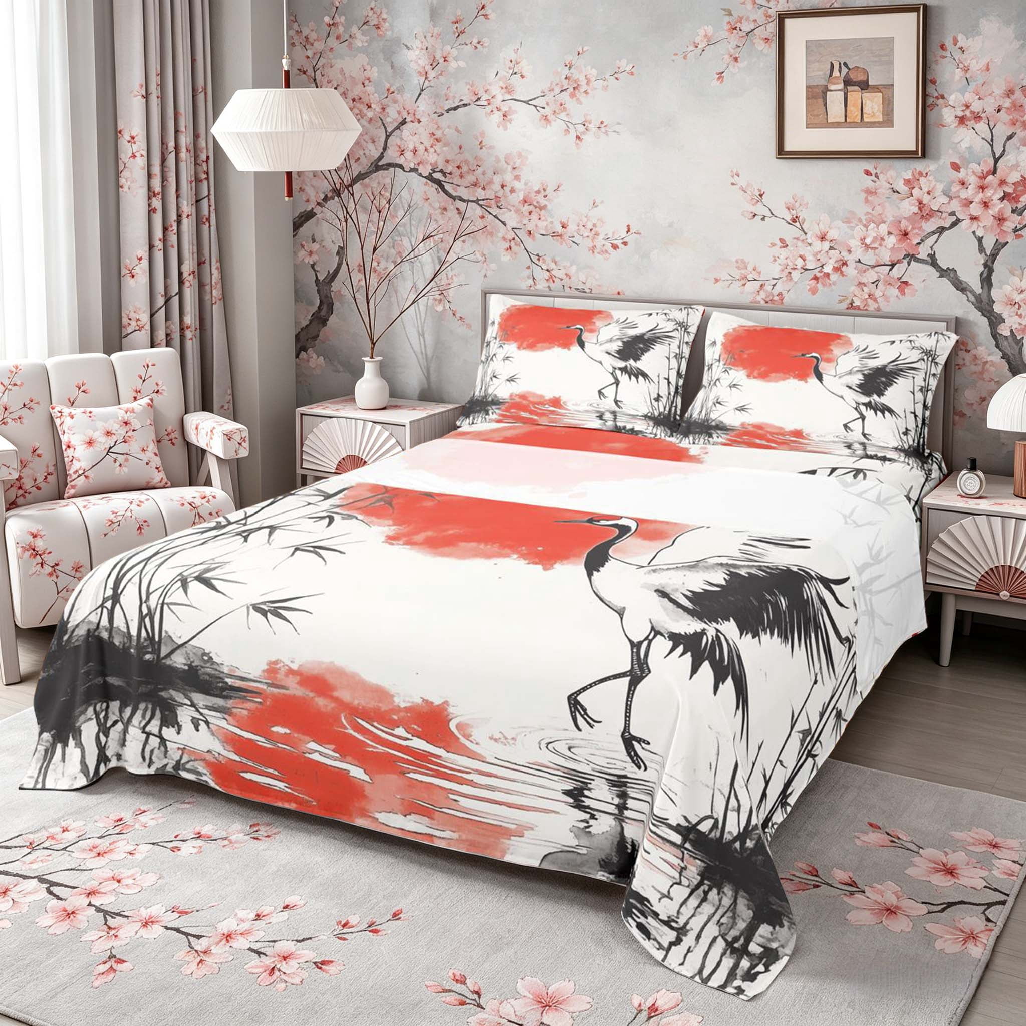 Manfei Ink Red Sun Crane Queen Sheet Sets for Teens, Reed Pond Bed Set, Black Red White 4pcs, 1 Flat Sheet, 1 Fitted Sheet and 2 Pillowcases