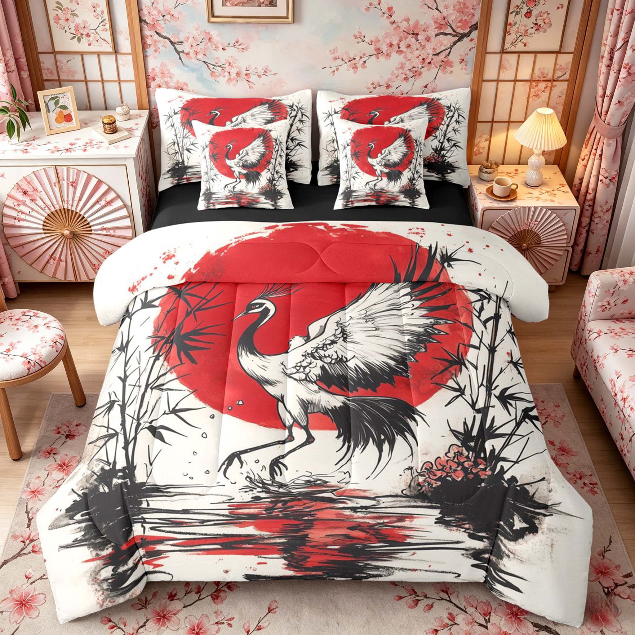 Manfei Ink Red Sun Crane Twin Bedding Sets for Girls, Bamboo Water Bedding Comforter Set, Black Red White, Black Reversible7-Piece