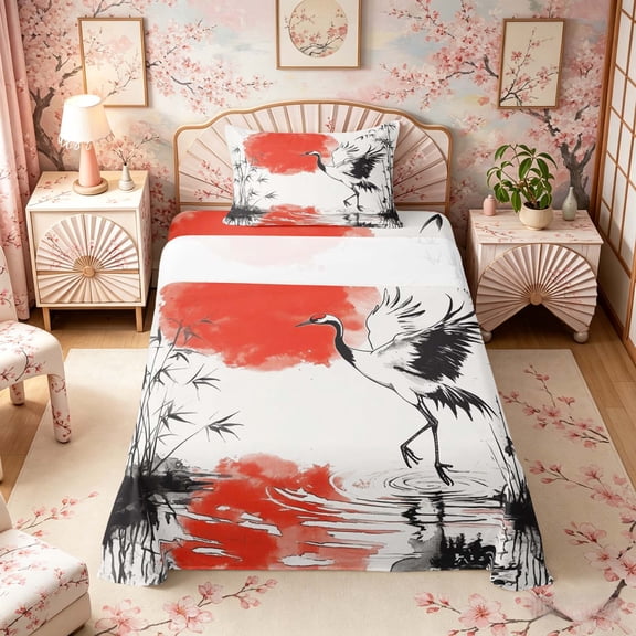 Manfei Ink Red Sun Crane Twin Sheet Sets for Teens, Reed Pond Bedding, Black Red White 3pcs, 1 Flat Sheet, 1 Fitted Sheet and 1 Pillowcase