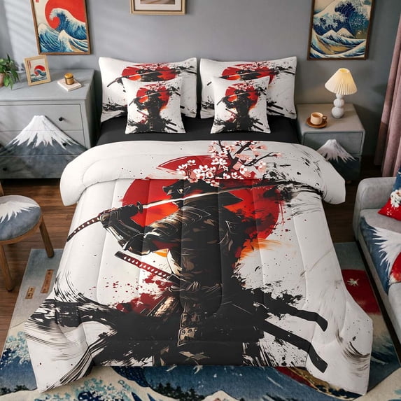 Manfei Ink Samurai Bedding Comforter Set for Boys Men, Armor Sword Queen Bedding Sets, Black Red Gray, Black Reversible7 Pieces