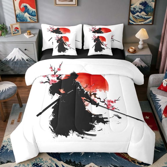 Manfei Ink Samurai Bedding Comforter Set for Boys Men, Sakura Sword Queen Bedding Sets, Black Red Pink, Black Reversible7 Pieces