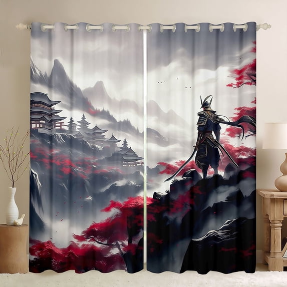 Manfei Ink Samurai Black Out Curtains for Boys Men, Mountain Temple Curtains Pack of 2 (42x63 Each), Black Red Gray