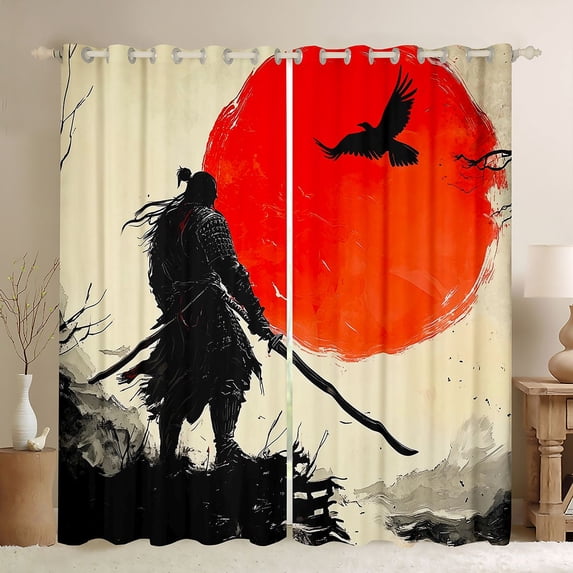Manfei Ink Samurai Black Out Curtains for Home, Red Sun Crow Curtains Pack of 2 (42x63 Each) for Office, Black Red Beige