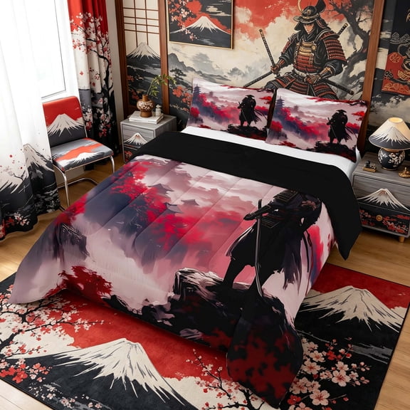 Manfei Ink Samurai Full Size Comforter Sets for Boys Men, Pagoda Maple Bedding Sets, Black Red Gray, Black Reversible 3 Pieces, 1 Comforter and 2 Pillowcases
