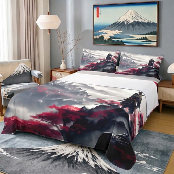 Manfei Ink Samurai Full Size Sheets for Boys Men, Mountain Temple Bed Sheets, Black Red Gray 4-Piece, 1 Flat Sheet, 1 Fitted Sheet and 2 Pillowcases