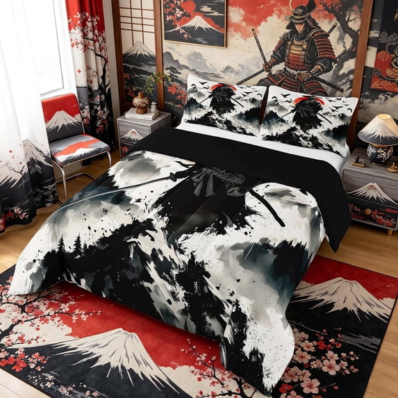Manfei Ink Samurai Queen Comforter Set for Home, Mountain Crow Bedding Comforter Set for Office, Black Red White, Black Reversible 3 Pieces, 1 Comforter and 2 Pillowcases