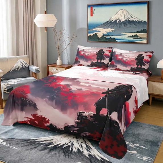 Manfei Ink Samurai Queen Sheet Sets for Boys Men, Pagoda Maple Bed Set, Black Red Gray 4 Pieces, 1 Flat Sheet, 1 Fitted Sheet and 2 Pillowcases