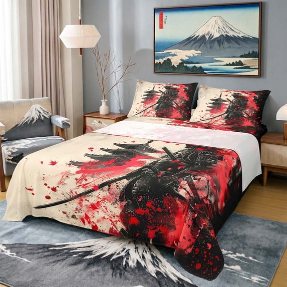 Manfei Ink Samurai Queen Sheet Sets for Boys Men, Pagoda Maple Bed Set, Black Red White 4 Pieces, 1 Flat Sheet, 1 Fitted Sheet and 2 Pillowcases