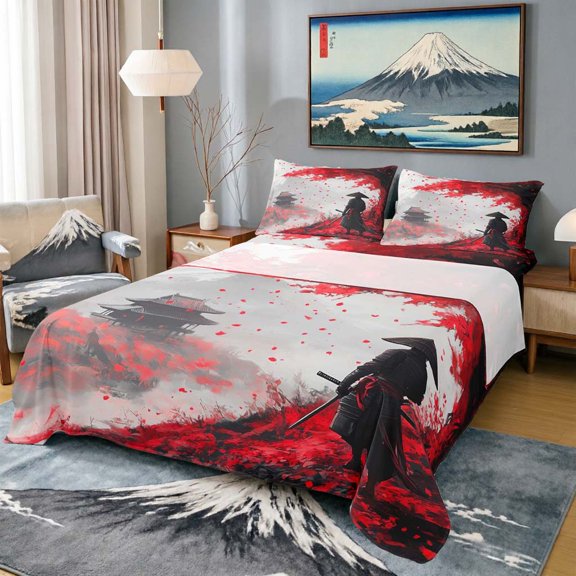 Manfei Ink Samurai Queen Sheet Sets for Boys Men, Red Maple Fuji Bed Set, Black Red Gray 4pcs, 1 Flat Sheet, 1 Fitted Sheet and 2 Pillowcases