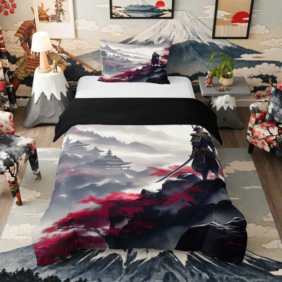 Manfei Ink Samurai Twin Bedding for Boys Men, Mountain Temple Duvet Cover Set, Black Red Gray, Black Reversible 2-Piece, 1 Duvet Cover and 1 Pillowcase