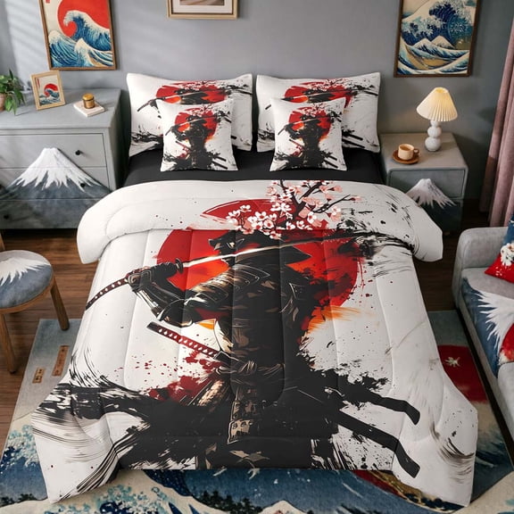 Manfei Ink Samurai Twin Bedding Sets for Boys Men, Armor Sword Bedding Comforter Set, Black Red Gray, Black Reversible7 Pieces