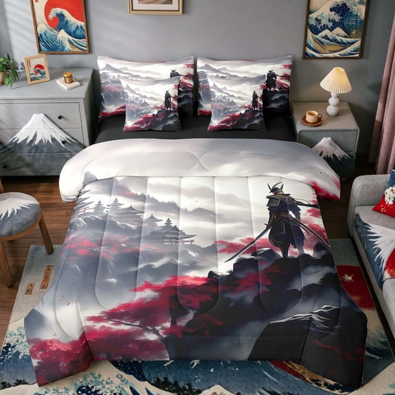Manfei Ink Samurai Twin Bedding Sets for Boys Men, Mountain Temple Bedding Comforter Set, Black Red Gray, Black Reversible7-Piece