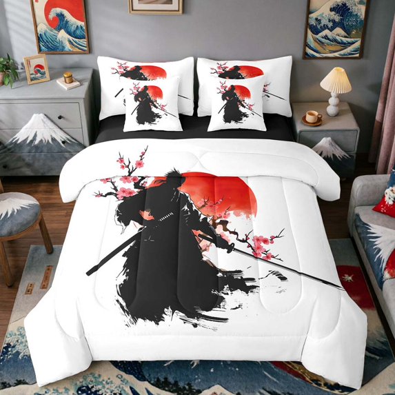 Manfei Ink Samurai Twin Bedding Sets for Boys Men, Sakura Sword Bedding Comforter Set, Black Red Pink, Black Reversible7 Pieces