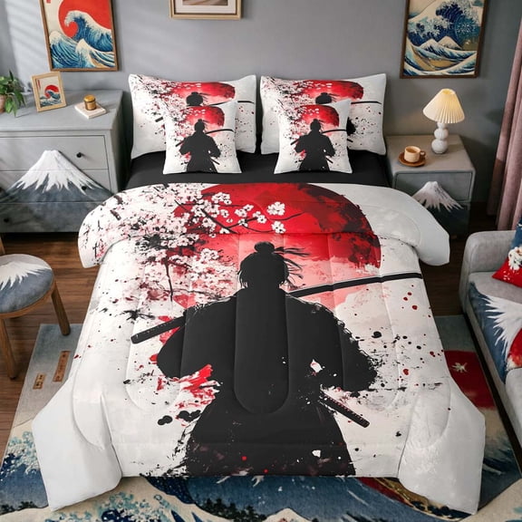 Manfei Ink Samurai Twin Bedding Sets for Teens, Sakura Sun Bedding Comforter Set for Dorm, Black Red White, Black Reversible7-Piece