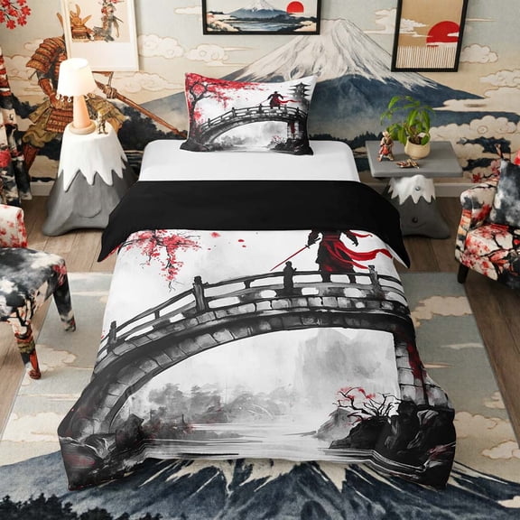 Manfei Ink Samurai Twin Bedding for Boys Men, Bridge Temple Duvet Cover Set, Black Red White, Black Reversible 2pcs, 1 Duvet Cover and 1 Pillowcase