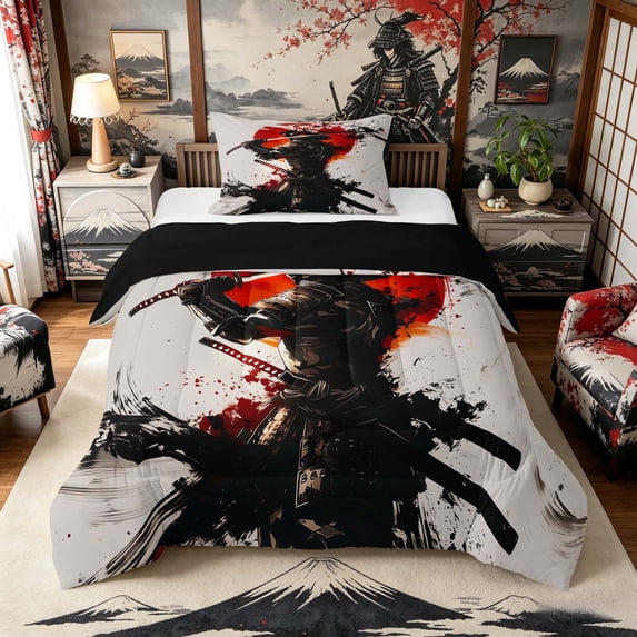 Manfei Ink Samurai Twin Comforter Sets for Boys Men, Armor Sword Bedding Set, Black Red Gray, Black Reversible 2 Pieces, 1 Comforter and 1 Pillowcase