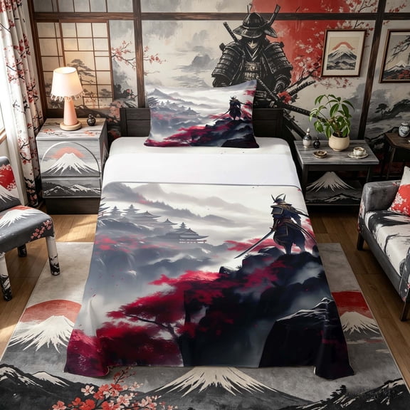 Manfei Ink Samurai Twin Sheet Sets for Boys Men, Mountain Temple Bedding, Black Red Gray 3-Piece, 1 Flat Sheet, 1 Fitted Sheet and 1 Pillowcase