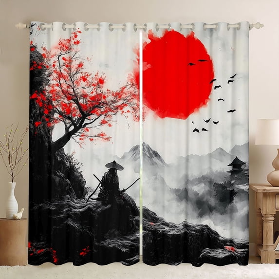 Manfei Ink Samurai Warrior Black Out Curtains for Boys Men, Fuji Temple Curtains Pack of 2 (42x63 Each), Black Red White