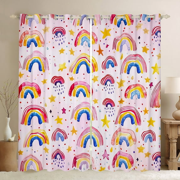 Manfei Ink Stars Rainbow Black Out Curtains for Teen, Watercolor Curtains Pack of 2 (42x63 Each), Pink Cartoon Style Bedroom Curtains, Window Curtains Bedroom Decor