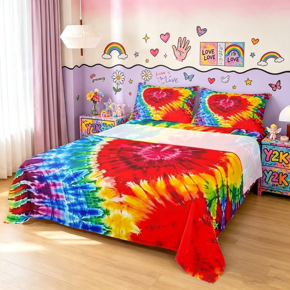 Manfei Ink Tie Dye King Sheets, Rainbow Love Heart Bedding, Red Blue, 4pcs, 1 Flat Sheet, 1 Fitted Sheet and 2 Pillowcases