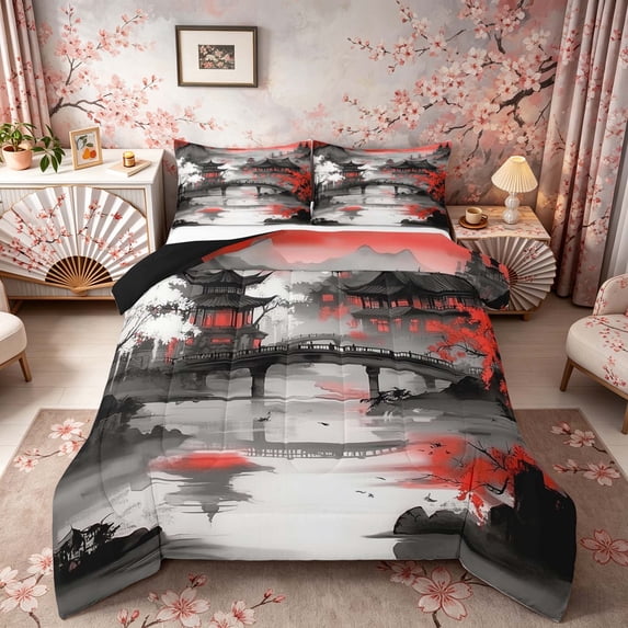 Manfei Ink Wash Red Sunset Temple Full Size Comforter Sets for Girls Women, Chinese Landscape Bedding Sets, Black Red, Black Reversible 3 Pieces, 1 Comforter and 2 Pillowcases