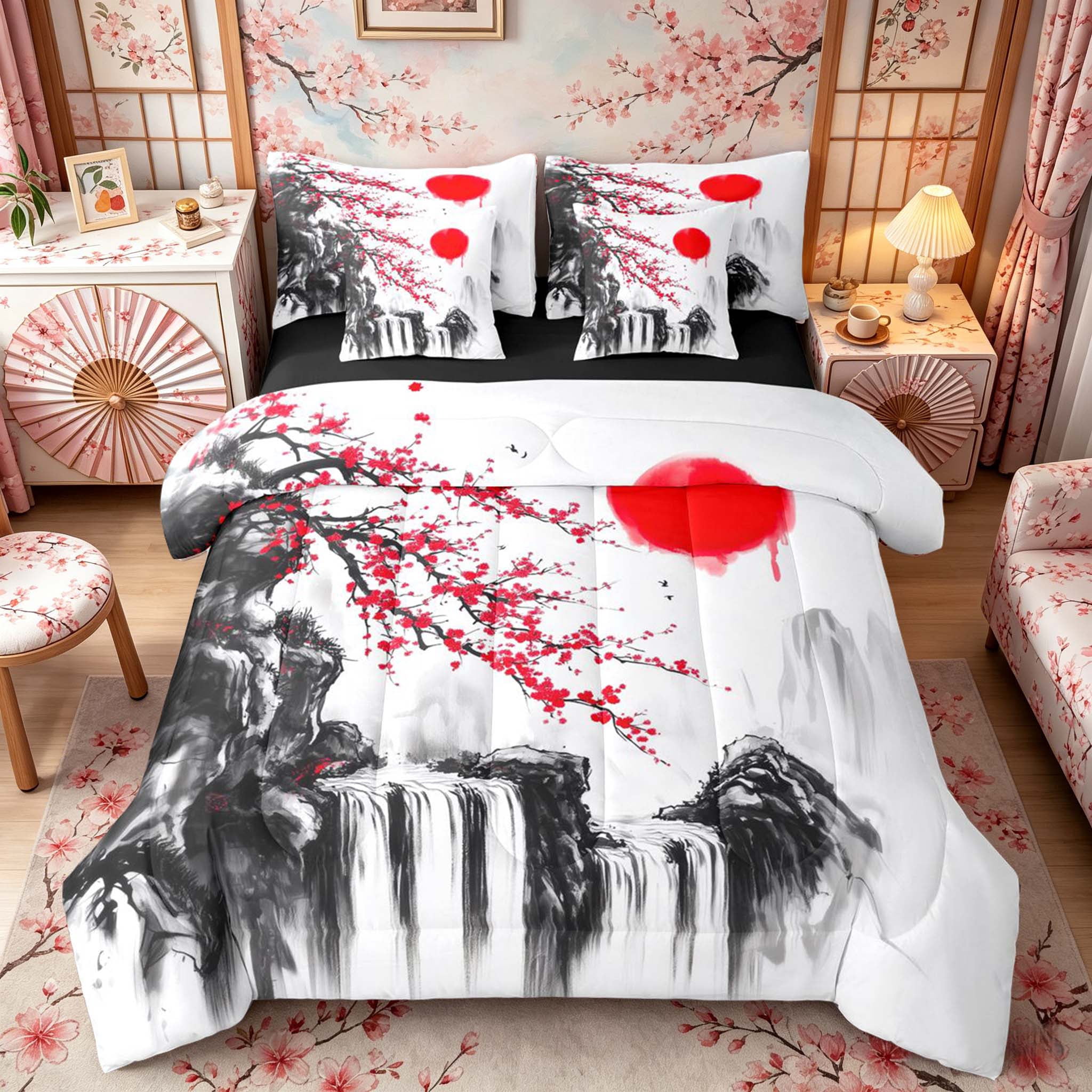 Manfei Ink Waterfall Bedding Comforter Set for Home, Plum Sun King Bedding Sets for Office, Black Red White, Black Reversible7-Piece