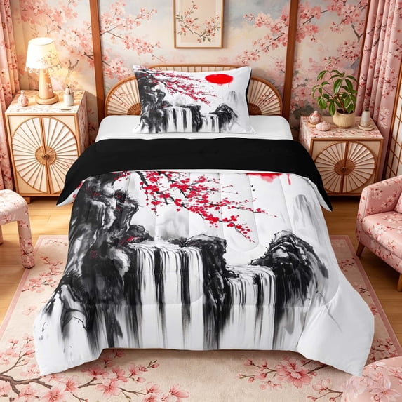 Manfei Ink Waterfall Twin Comforter Sets for Home, Plum Sun Bedding Set for Office, Black Red White, Black Reversible 2-Piece, 1 Comforter and 1 Pillowcase