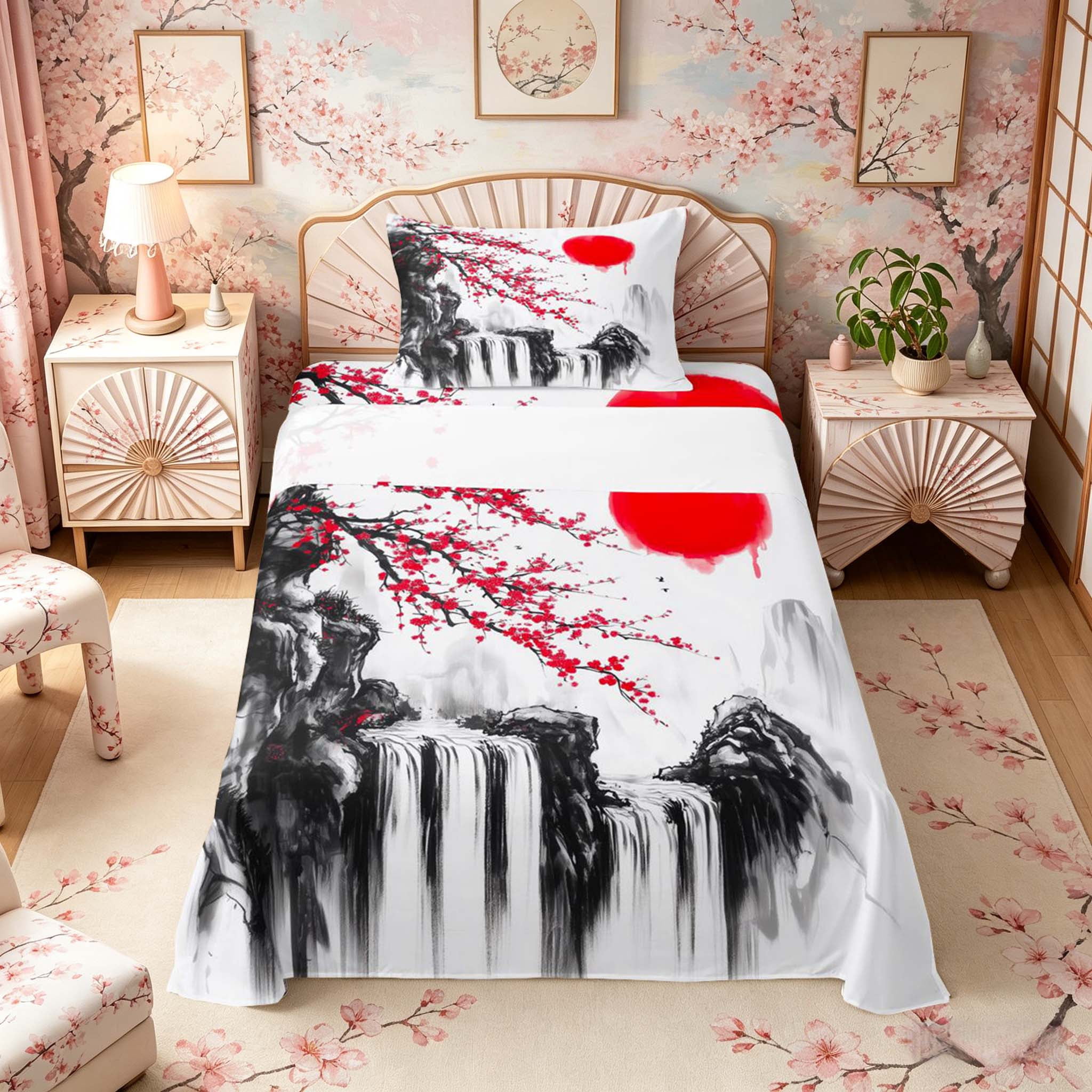 Manfei Ink Waterfall Twin Sheet Sets for Home, Plum Sun Bedding for Office, Black Red White 3-Piece, 1 Flat Sheet, 1 Fitted Sheet and 1 Pillowcase
