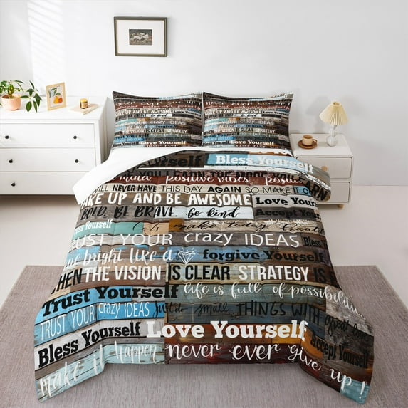 Manfei Inspirational Quotes Queen Comforter Set,Wood Stripes Bedding Sets,Brown Blue Graffiti Bedding Comforter Set For Teens,Luxury Bedroom Decor,3pcs