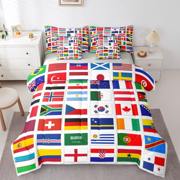 Manfei International Flag 7-Piece Twin Bedding,Patchwork Geometric Bedding Comforter Set,Multicolor,Light Gray Reversible