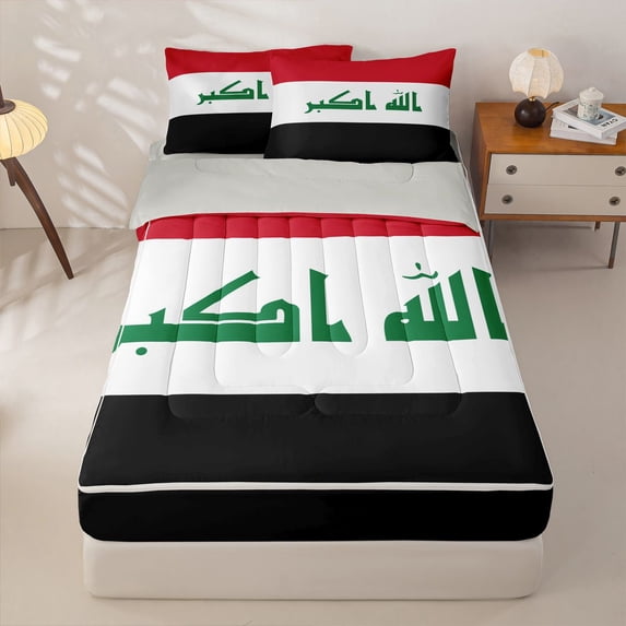 Manfei Iraq Flag Zipper Full Size Comforter Sets with Fitted Sheet and 2 Pillowcases,World Patriot Zipper Bedding Set,White Black Green,Light Gray Reversible,4pcs
