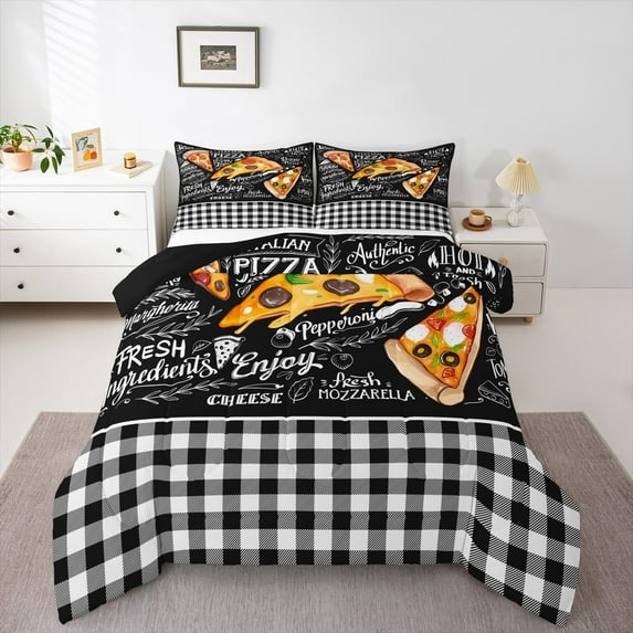 Manfei Itallan Pizza Bedding Comforter Set,Fresh Ingredients Twin Comforter Sets,Black Geometric Plaid Bedding Set For Boys Teens,Luxury Bedroom Decor Reversible,2 Pieces