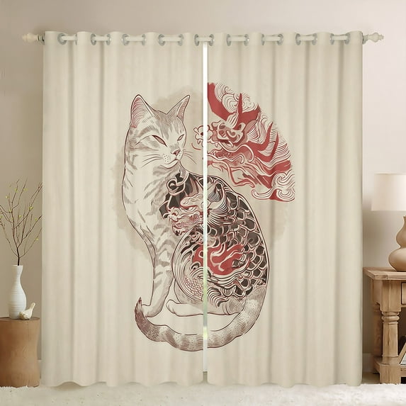 Manfei Japanese Cat Curtains Pack of 2 (42x84 Each),Cute Kitten Curtains Blackout,Boho bohemian Exotic Style Bedroom Curtains For Adults,Luxury Bedroom Decor