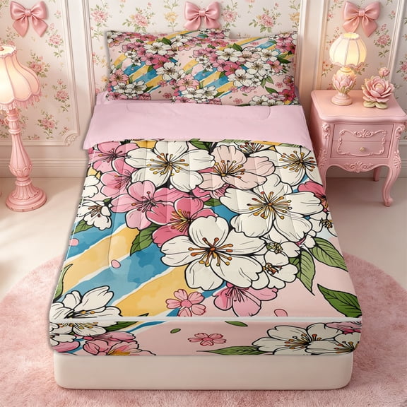 Manfei Japanese Cherry Blossom Zipper Twin Comforter Sets with Fitted Sheet and 2 Pillowcases,Watercolor Stripes Zipper Bedding Set,Reversible