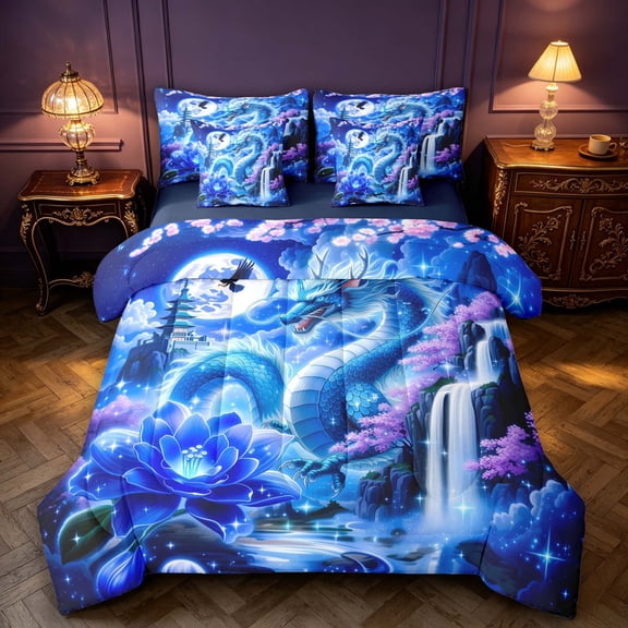 Manfei Japanese Dragon Animals 7-Piece Twin Bedding,Eastern Flower Moon Bedding Comforter Set,Blue,Navy Blue Reversible