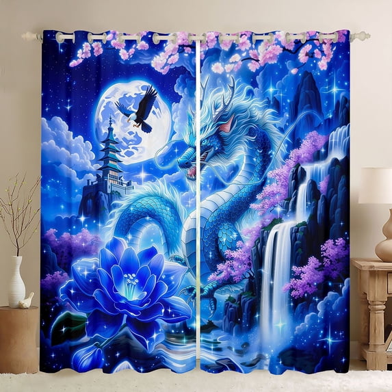 Manfei Japanese Dragon Animals Blackout Curtains,Eastern Flower Moon Window Curtains Pack of 2 (38x45 Each),Blue