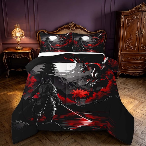 Manfei Japanese Dragon Animals King Size Comforter Sets,Moon Samurai Comforters King Size,Black Red,Black Reversible,3-Piece,1 Comforter and 2 Pillowcases