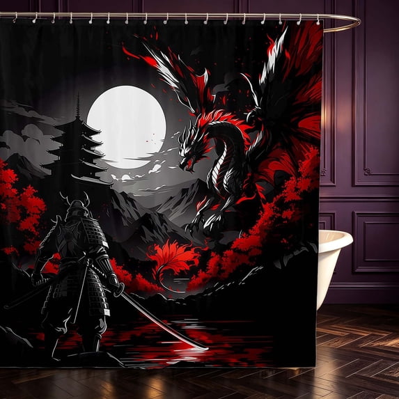 Manfei Japanese Dragon Animals Shower Curtain 72Wx78L,Moon Samurai Bath Curtain,Black Red