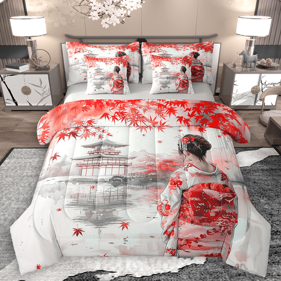 Manfei Japanese Geisha Bedding Comforter Set 7pcs for Girls, Traditional Oriental King Bedding Sets, Red Fallen Leaf Bed Sheets, Microfiber Bedroom Decor