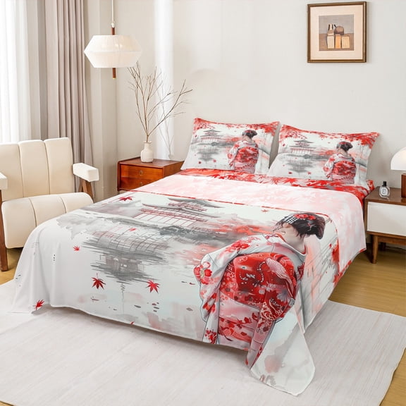 Manfei Japanese Geisha Twin Sheet Sets 3pcs for Girls, Traditional Oriental Twin Fitted Sheet, Red Fallen Leaf Flat Sheet, Microfiber Bedroom Decor