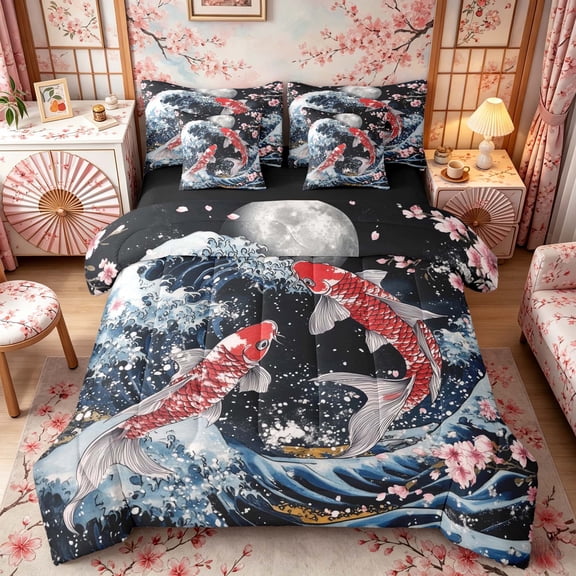 Manfei Japanese Koi Moon Twin Bedding Sets for Girls, Night Wave Bedding Comforter Set, Blue Red, Black Reversible 7pcs